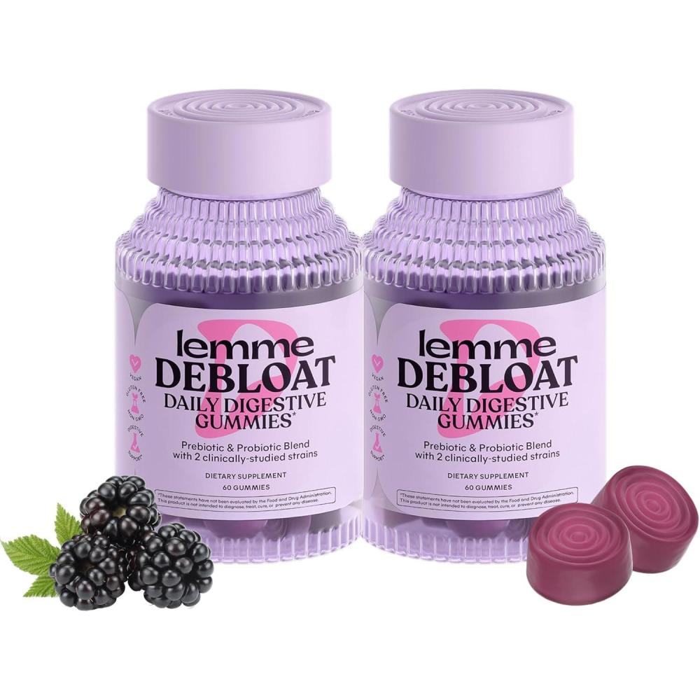 imageLemme Debloat  Digestive ampamp Gut Health Gummies with 2 Clinically Studied Probiotics ampamp Prebiotic Vegetarian Gluten Free Non GMO BlackBerry Flavor 60 Count60 Count Pack of 2